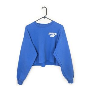 Early 2000s Blue/White Grunge Auto Body/ Mechanic Cropped Oversized Crew Sweater